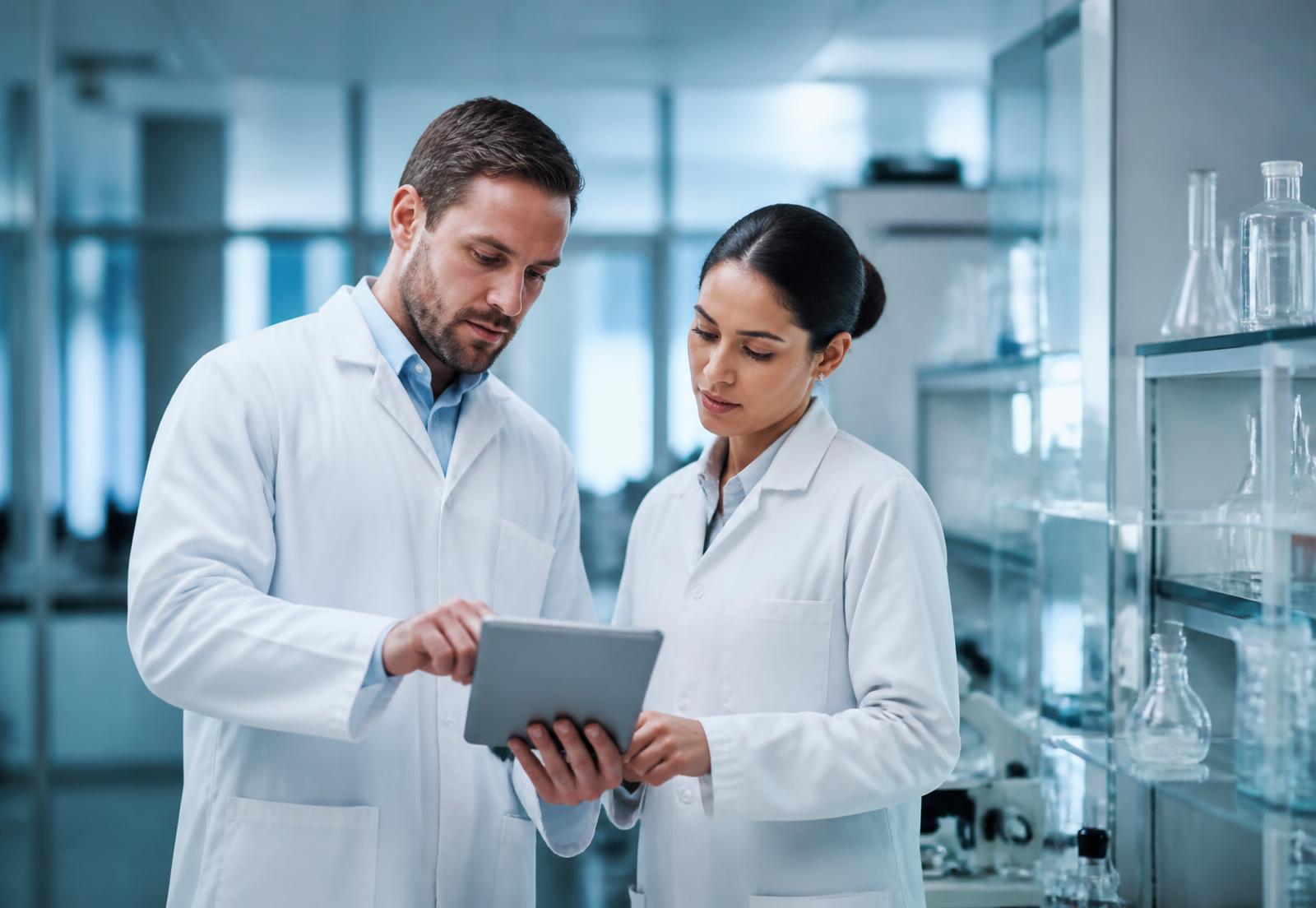 Scientists reviewing development data in a pharmaceutical laboratory